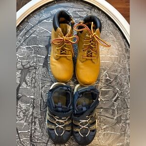 Kids Yellow and Black Boots and blue summer sandals-both size 11